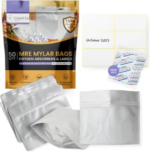 MRE Mylar Bag Bundle - 50x (7.5 Mil - 7.5" x 8.5’’) Stand-Up Zipper bags, 50x 400cc Oxygen Absorbers, 50 labels - Heat Sealable & Withstand Boiling Water - Long-Term Food Storage