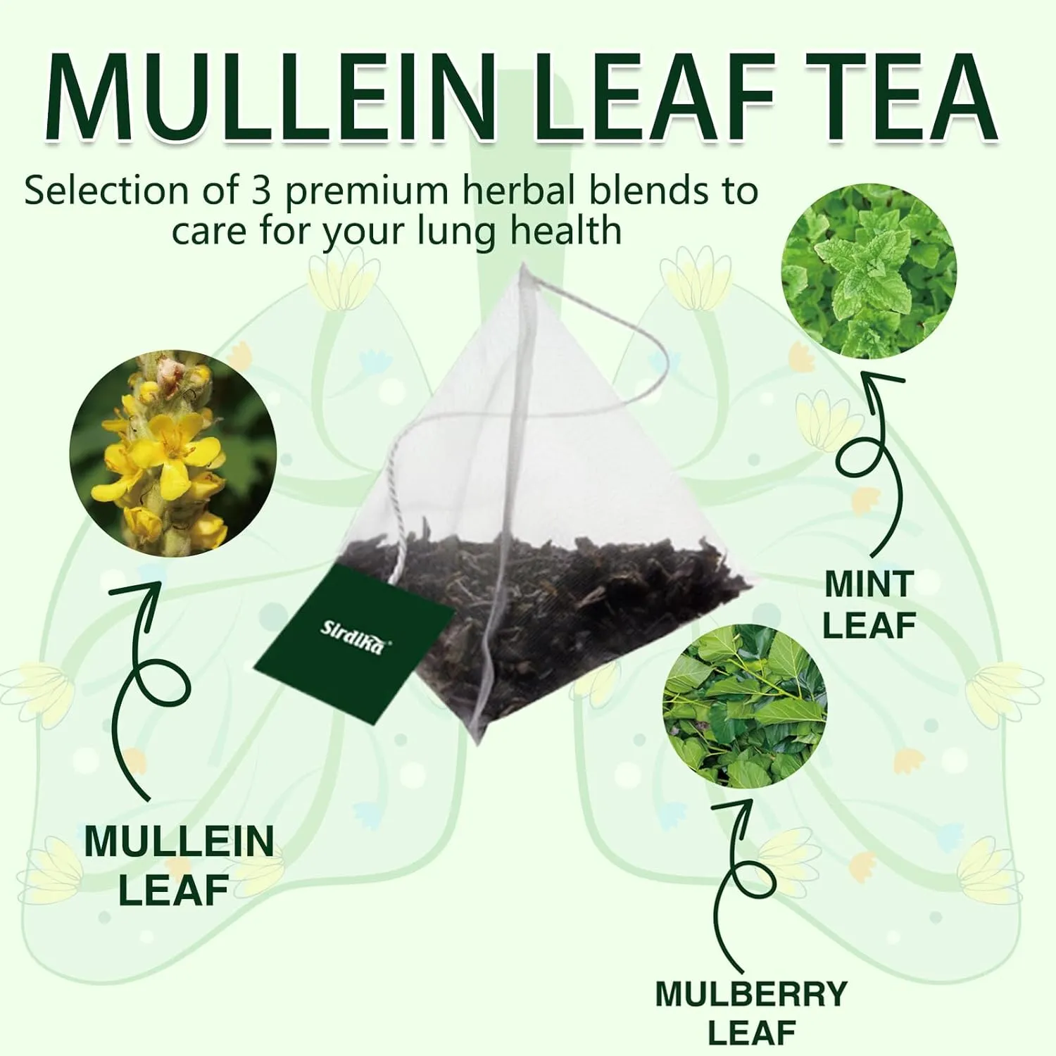 Mullein Tea Bags for Lungs - 20 Teabags (2.47oz/70g), 100% Pure Natural Premium Mullein Leaf, Mint Leaf, Mulberry Leaf for Lungs Cleanse and Respiratory Support, Herbal Teas, Caffeine Free (1 BOX)