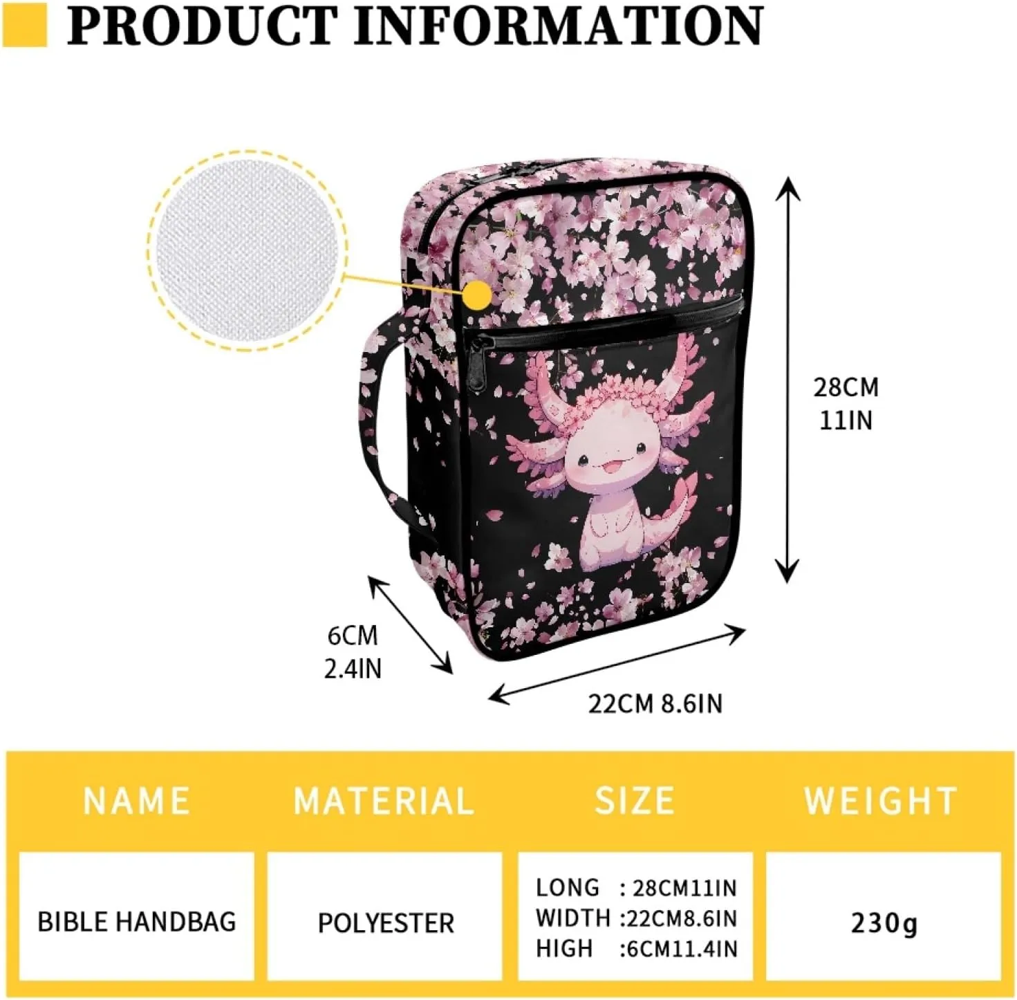 Mumeson Cartoon Axolotl Cherry Blossom Bible Bag Bible Covers for Womens Girls Carrying Book Case Portable Church Bag Tote Bag with Handle Front Zipper Pockets Multi Pocket Bible Accessories Bag