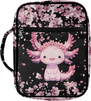 Mumeson Cartoon Axolotl Cherry Blossom Bible Bag Bible Covers for Womens Girls Carrying Book Case Portable Church Bag Tote Bag with Handle Front Zipper Pockets Multi Pocket Bible Accessories Bag