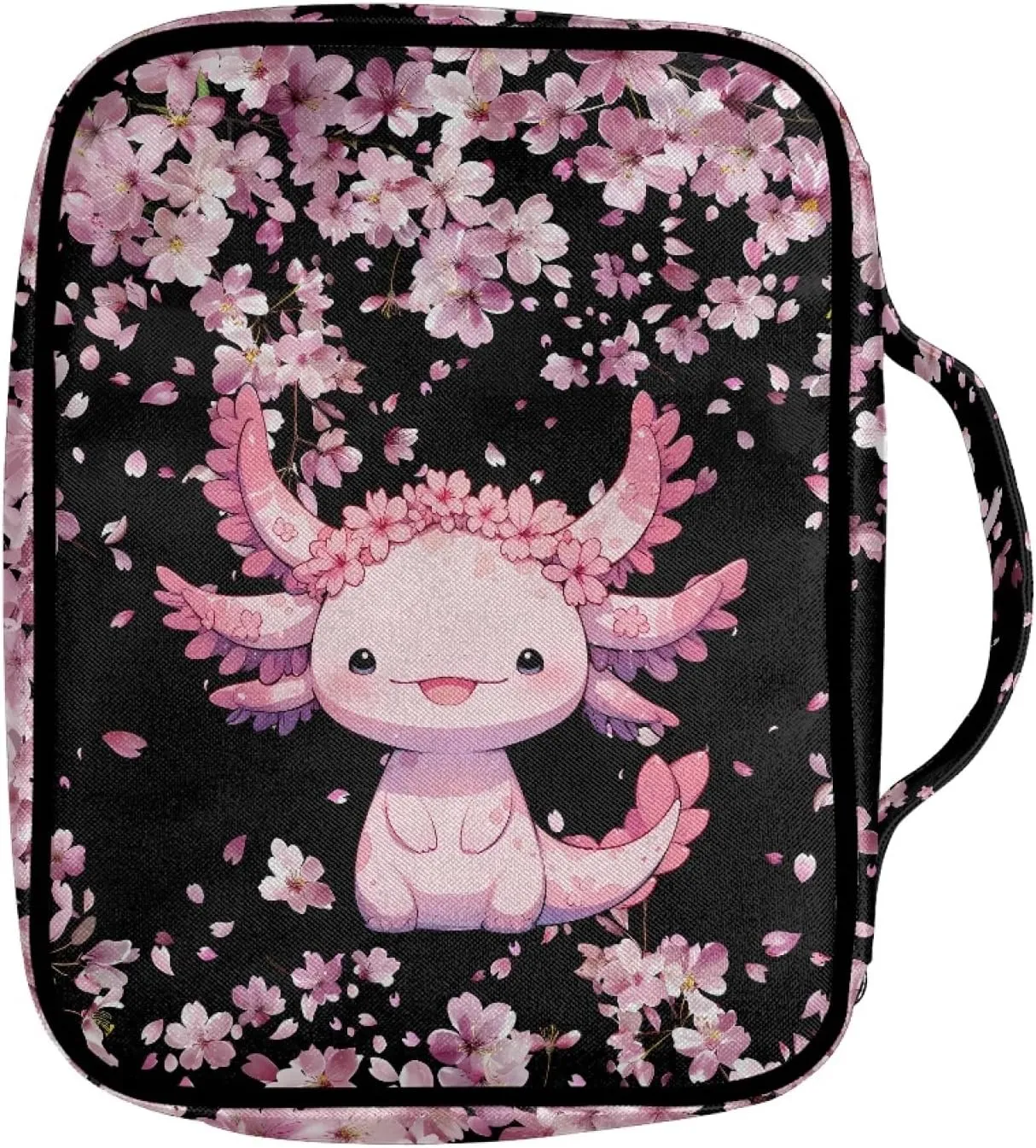 Mumeson Cartoon Axolotl Cherry Blossom Bible Bag Bible Covers for Womens Girls Carrying Book Case Portable Church Bag Tote Bag with Handle Front Zipper Pockets Multi Pocket Bible Accessories Bag