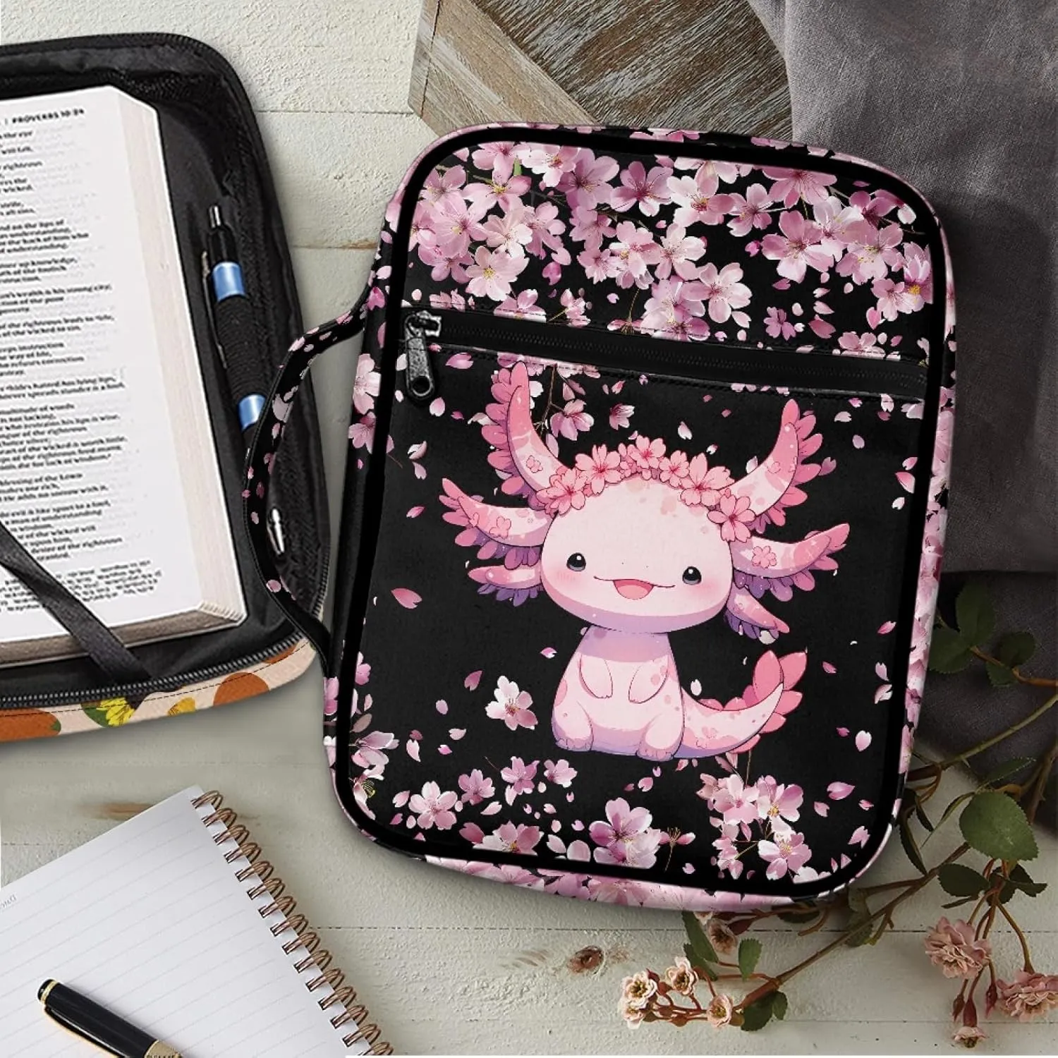 Mumeson Cartoon Axolotl Cherry Blossom Bible Bag Bible Covers for Womens Girls Carrying Book Case Portable Church Bag Tote Bag with Handle Front Zipper Pockets Multi Pocket Bible Accessories Bag