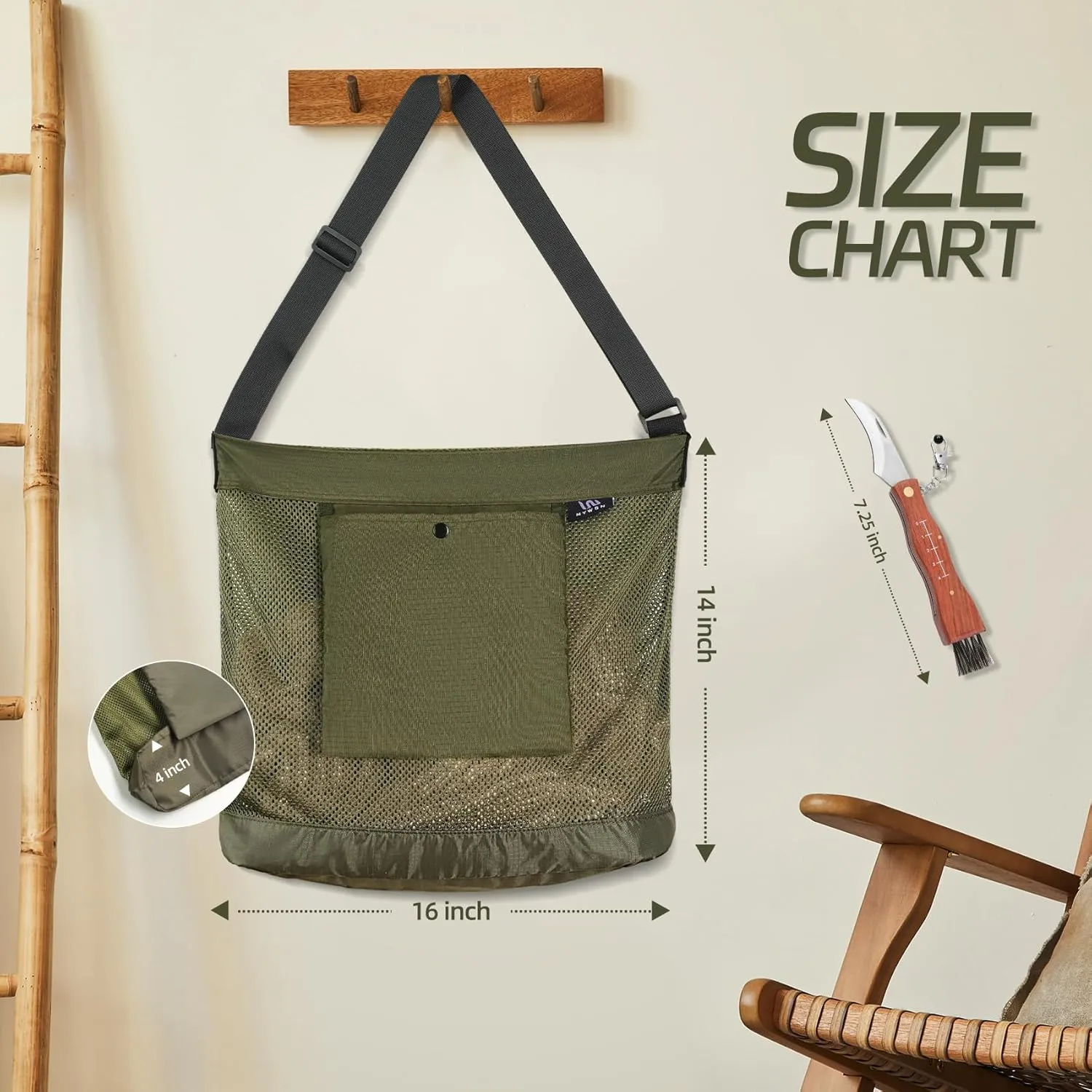 Mushroom Foraging Bag - Foraging Kit with Mesh Bag & Knife, Adjustable Shoulder Strap, Mushroom Basket with Smartphone Pocket - Mushroom Hunting Bag, Ideal Gift for Mushroom Foragers (1 Pack)