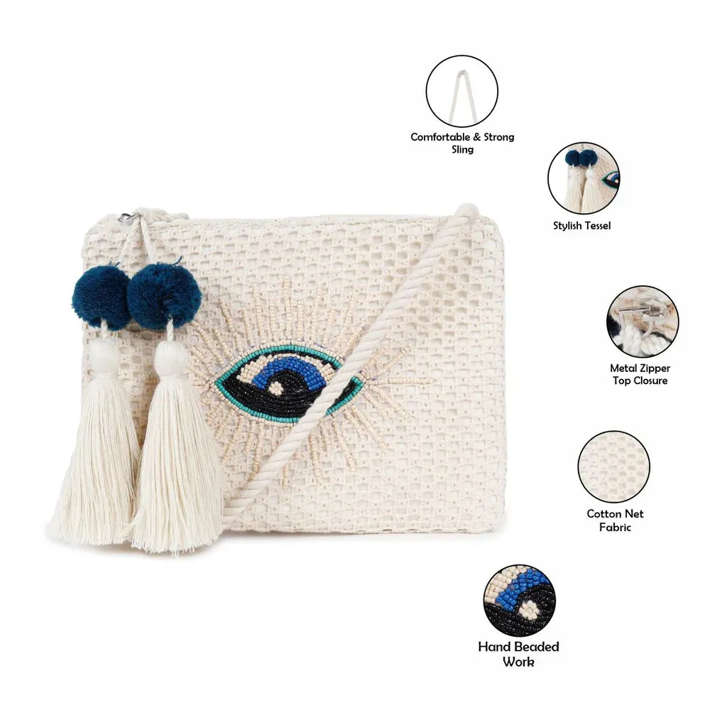 Natural Mesh Fabric Crossbody Sling Bag with Cotton Cord Long Handle – Stylish, Practical, and Eco-friendly
