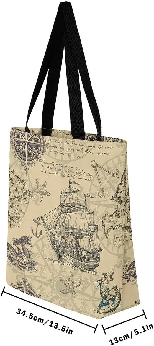 Nautical Canvas Tote Bag for Women,Compass Boat Anchor Large Capacity Gym Bag Ocean Cotton Bags