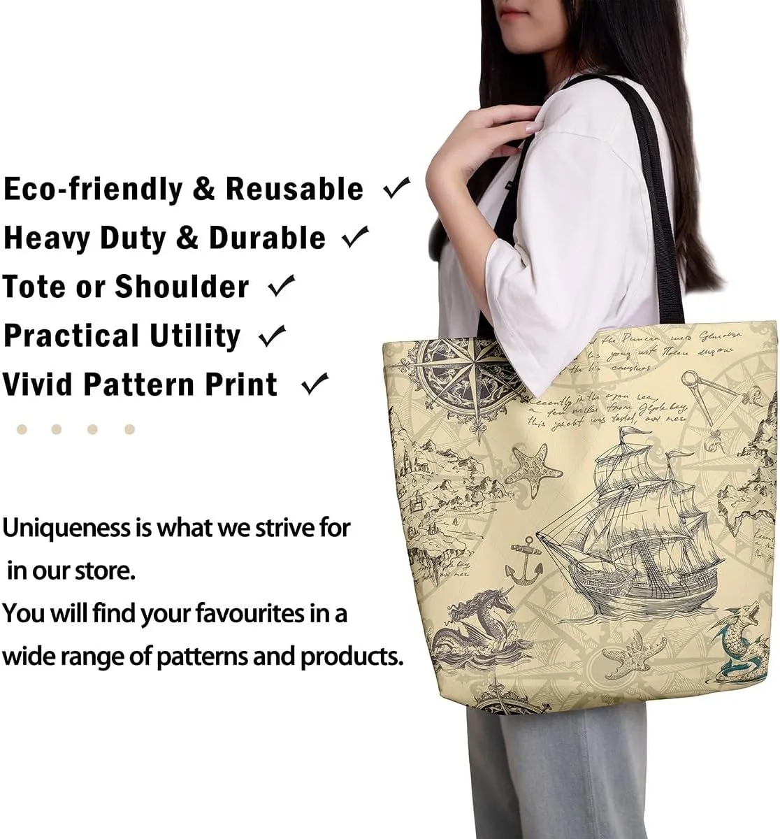 Nautical Canvas Tote Bag for Women,Compass Boat Anchor Large Capacity Gym Bag Ocean Cotton Bags