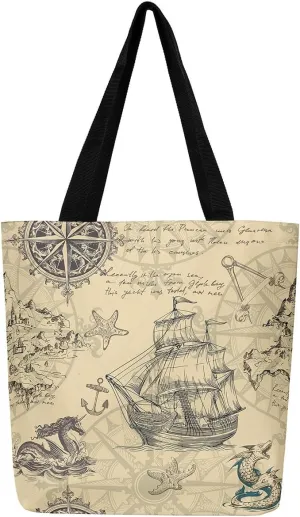 Nautical Canvas Tote Bag for Women,Compass Boat Anchor Large Capacity Gym Bag Ocean Cotton Bags