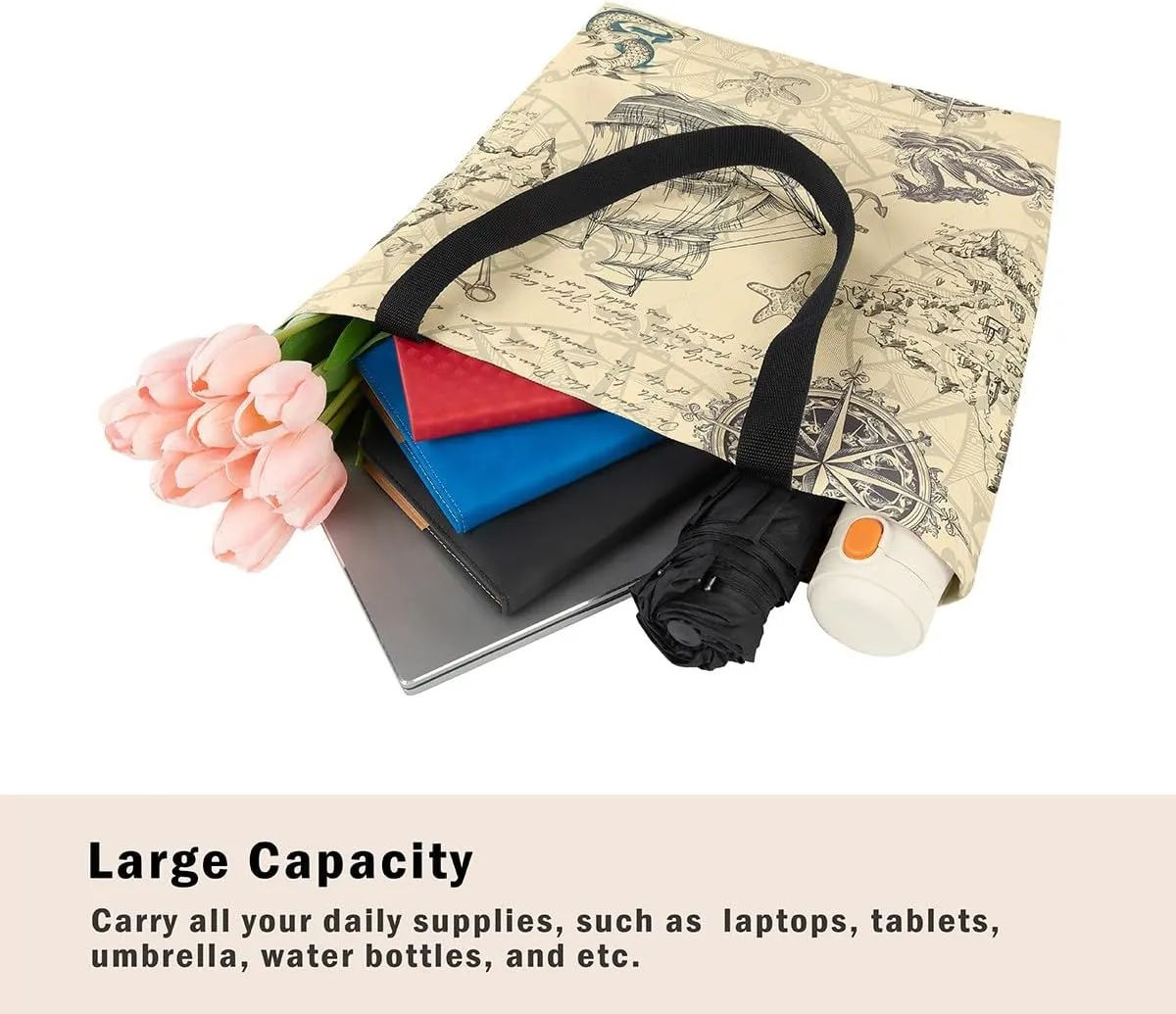 Nautical Canvas Tote Bag for Women,Compass Boat Anchor Large Capacity Gym Bag Ocean Cotton Bags