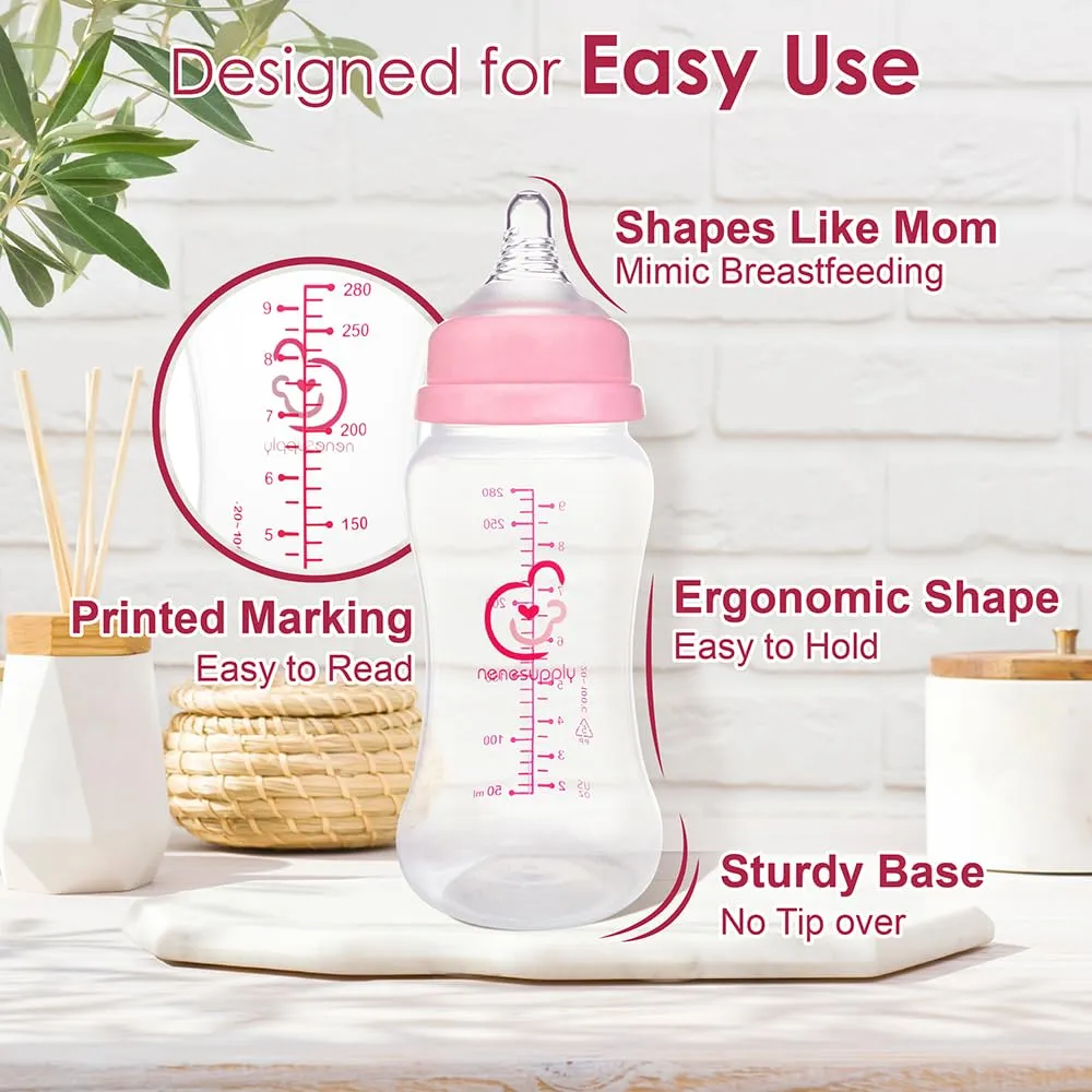 Nenesupply Natural Baby Bottles Newborn Feeding Bottles Slow Flow Breastfeeding Bottle for Breastfed Babies Wide Neck 9oz Anti Colic Level 2 Nipple for 1  Month Infant Replace Spectra Bottle Pumping