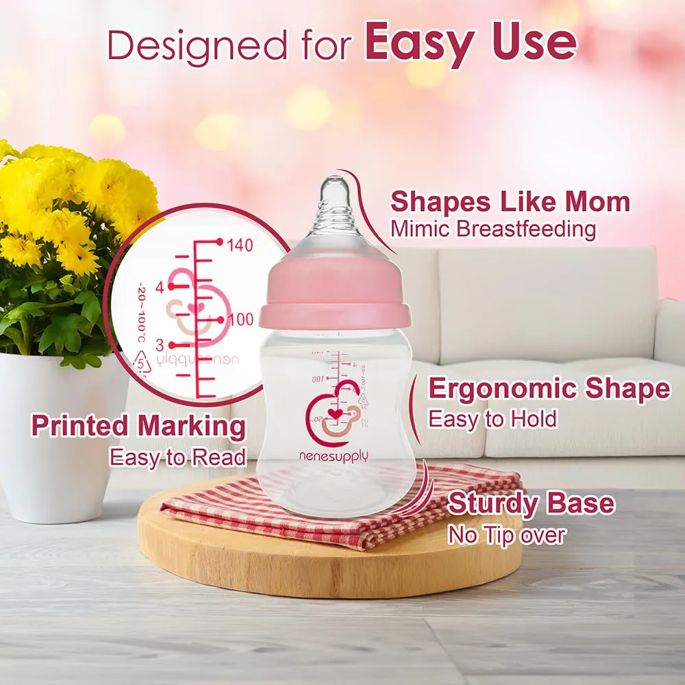 Nenesupply Natural Baby Bottles Newborn Flow Feeding Bottles Breastfeeding Bottle for Breastfed Babies Wide Neck 4.7oz Anti Colic Level 1 Nipple for 0  Month Infant Replace Spectra Bottles for Pumping