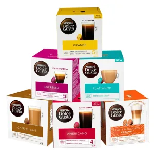 Nescafe Dolce Gusto Coffee, Tea, Chocolate Pods. Pick Any 5 Packs from 40  Blends Inc: Decaf, Caramel, Cappuccino, Latte, Mocha, Espresso, Skinny, Nesquik, Cafe Au Lait, Vanilla