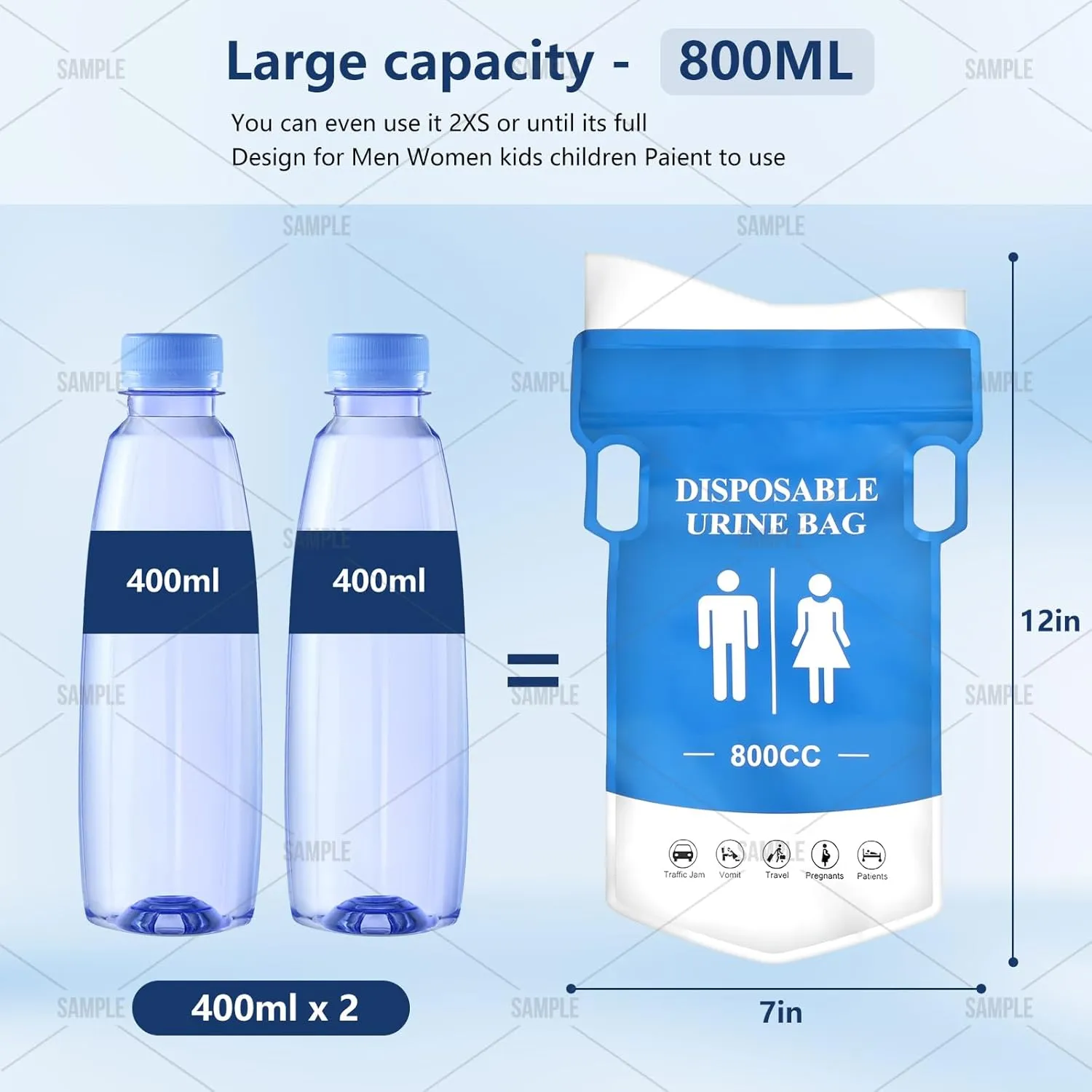 New Wider Disposable Urine Bag 8/12/24，850ML Urine Bags for Travel, Elderly People.Children, wome，Pee Bags for Travel for Men