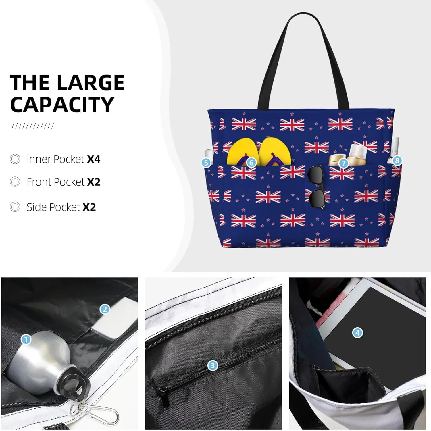 New Zealand Flag Large Capacity Foldable Tote Bag Women Beach Tote Bag Handbag Gym Bag Travel Shopping Bag