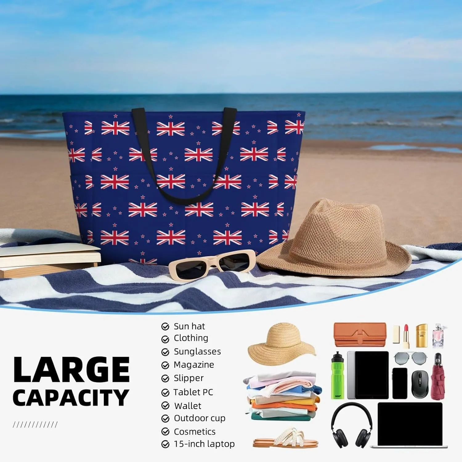 New Zealand Flag Large Capacity Foldable Tote Bag Women Beach Tote Bag Handbag Gym Bag Travel Shopping Bag