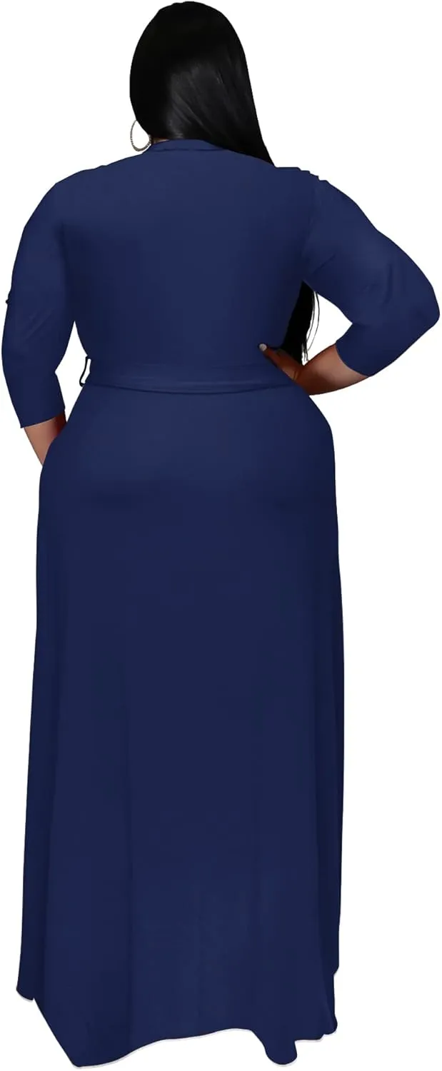Nmoder Plus Size Maxi Dress for Women - Summer Casual 3/4 Sleeve Floral Flowy Long Dress with Belt XL- 6XL