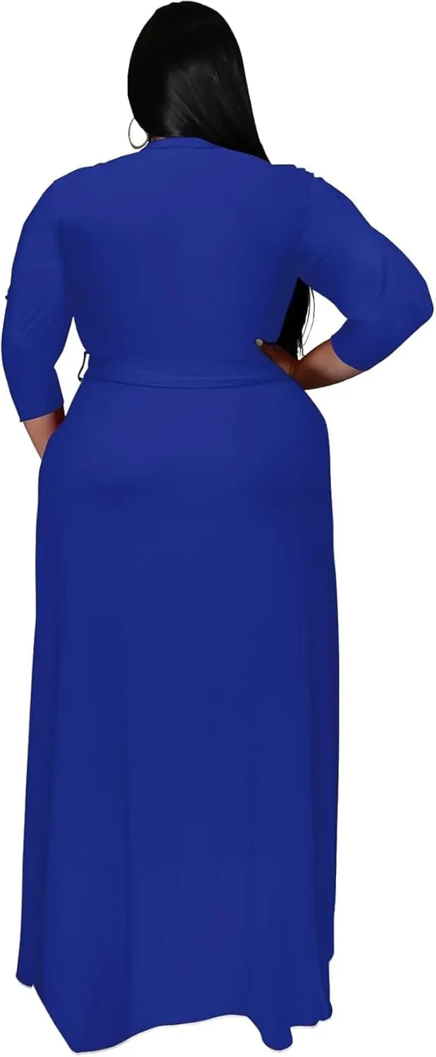 Nmoder Plus Size Maxi Dress for Women - Summer Casual 3/4 Sleeve Floral Flowy Long Dress with Belt XL- 6XL