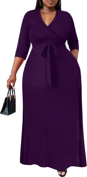 Nmoder Plus Size Maxi Dress for Women - Summer Casual 3/4 Sleeve Floral Flowy Long Dress with Belt XL- 6XL