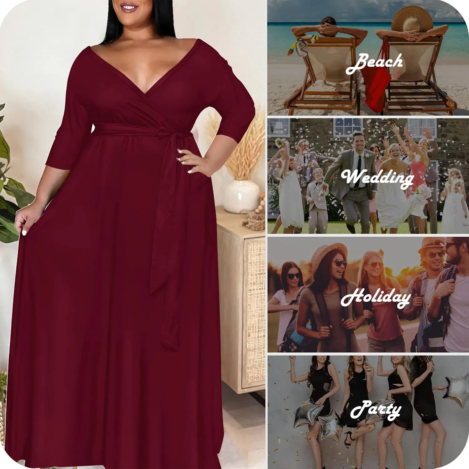Nmoder Plus Size Maxi Dress for Women - Summer Casual 3/4 Sleeve Floral Flowy Long Dress with Belt XL- 6XL