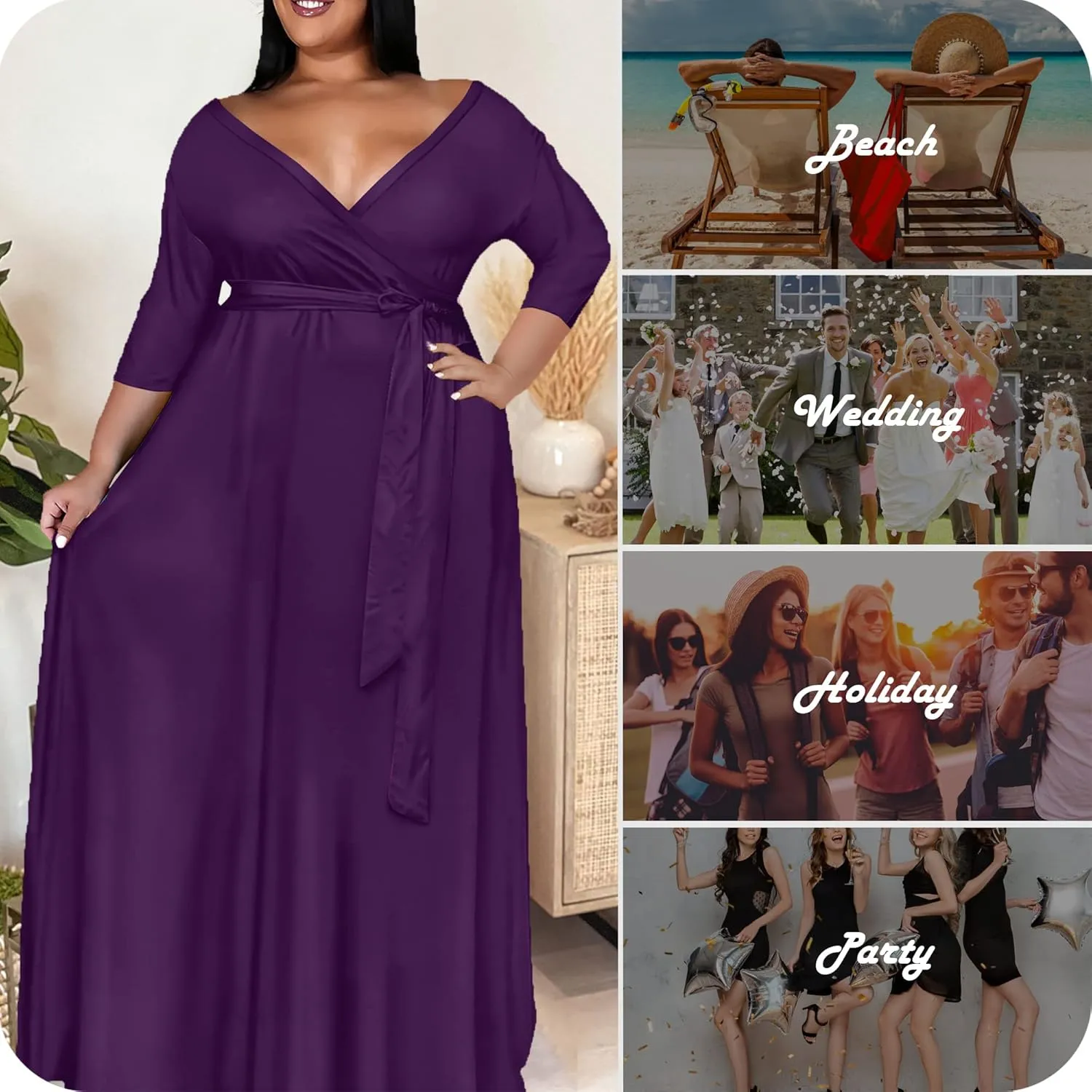 Nmoder Plus Size Maxi Dress for Women - Summer Casual 3/4 Sleeve Floral Flowy Long Dress with Belt XL- 6XL