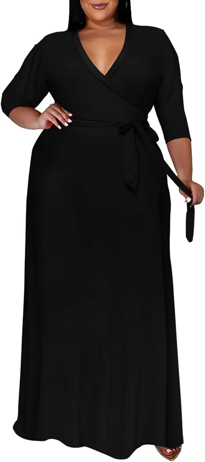 Nmoder Plus Size Maxi Dress for Women - Summer Casual 3/4 Sleeve Floral Flowy Long Dress with Belt XL- 6XL