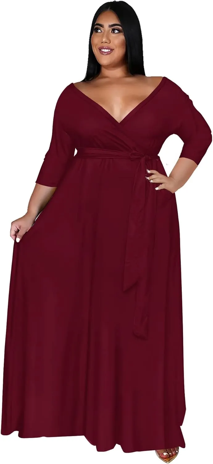 Nmoder Plus Size Maxi Dress for Women - Summer Casual 3/4 Sleeve Floral Flowy Long Dress with Belt XL- 6XL