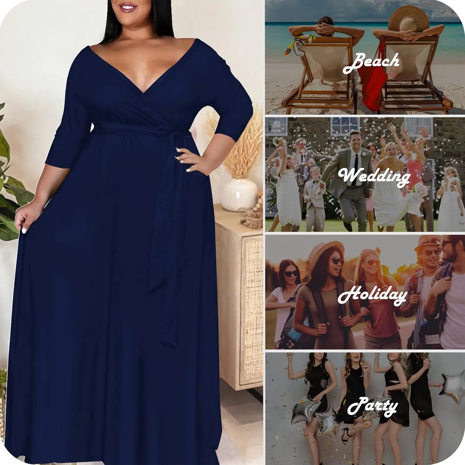 Nmoder Plus Size Maxi Dress for Women - Summer Casual 3/4 Sleeve Floral Flowy Long Dress with Belt XL- 6XL