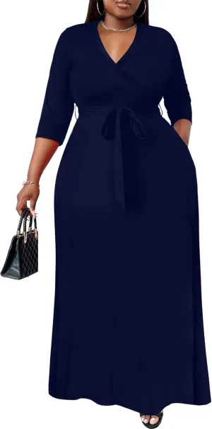 Nmoder Plus Size Maxi Dress for Women - Summer Casual 3/4 Sleeve Floral Flowy Long Dress with Belt XL- 6XL