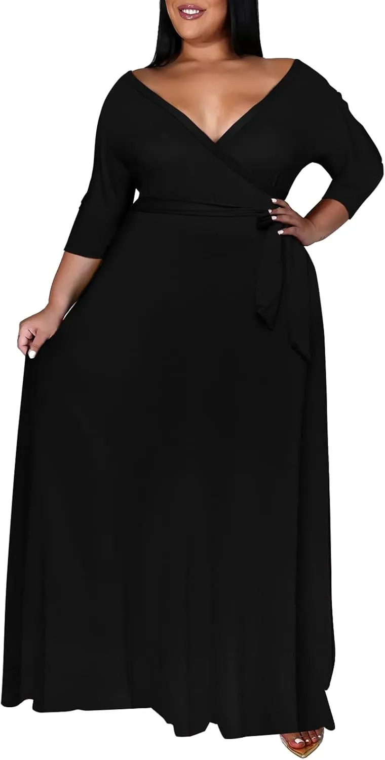 Nmoder Plus Size Maxi Dress for Women - Summer Casual 3/4 Sleeve Floral Flowy Long Dress with Belt XL- 6XL