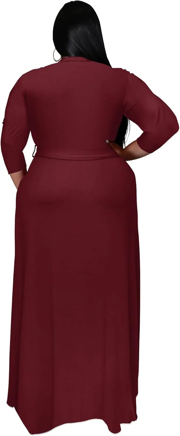 Nmoder Plus Size Maxi Dress for Women - Summer Casual 3/4 Sleeve Floral Flowy Long Dress with Belt XL- 6XL