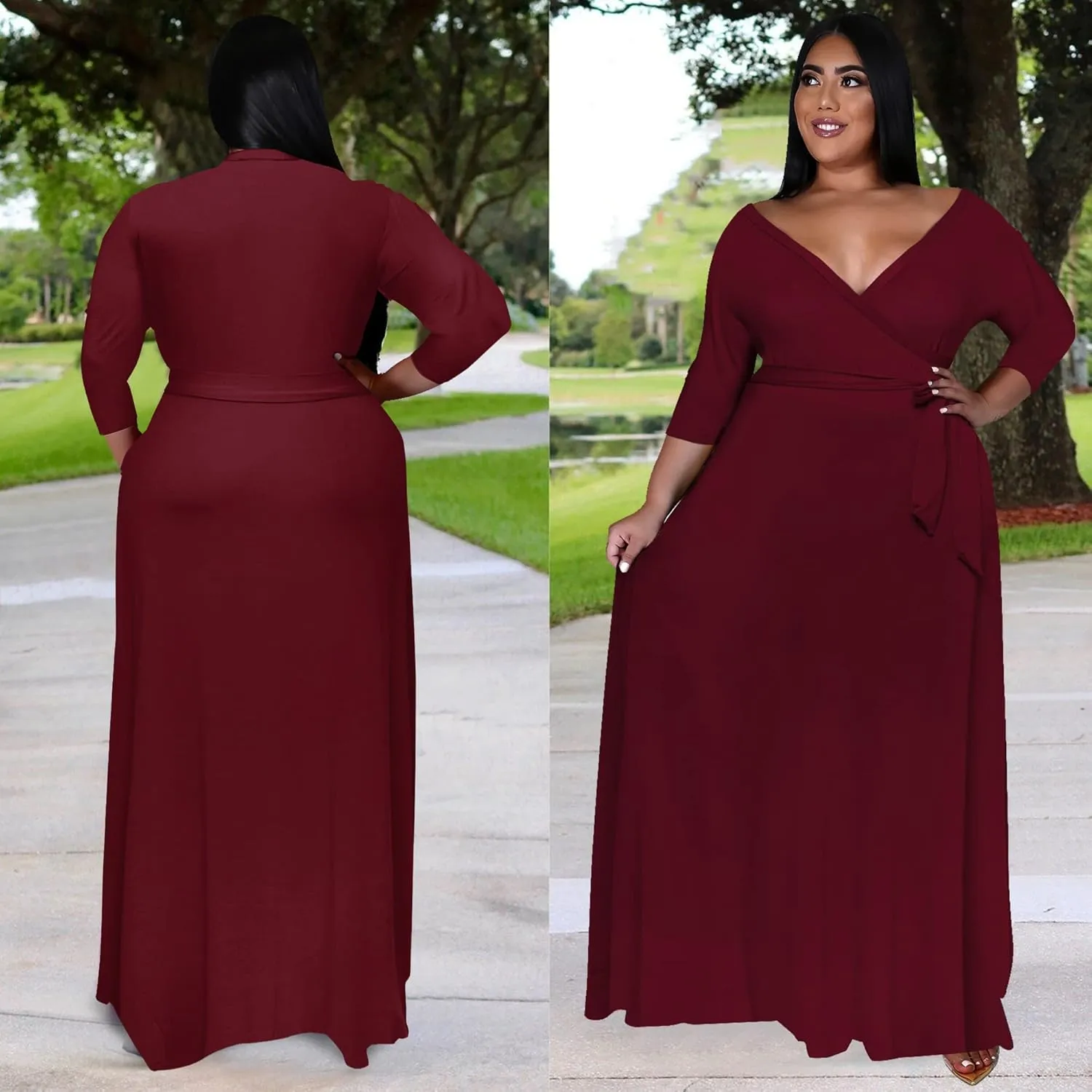 Nmoder Plus Size Maxi Dress for Women - Summer Casual 3/4 Sleeve Floral Flowy Long Dress with Belt XL- 6XL