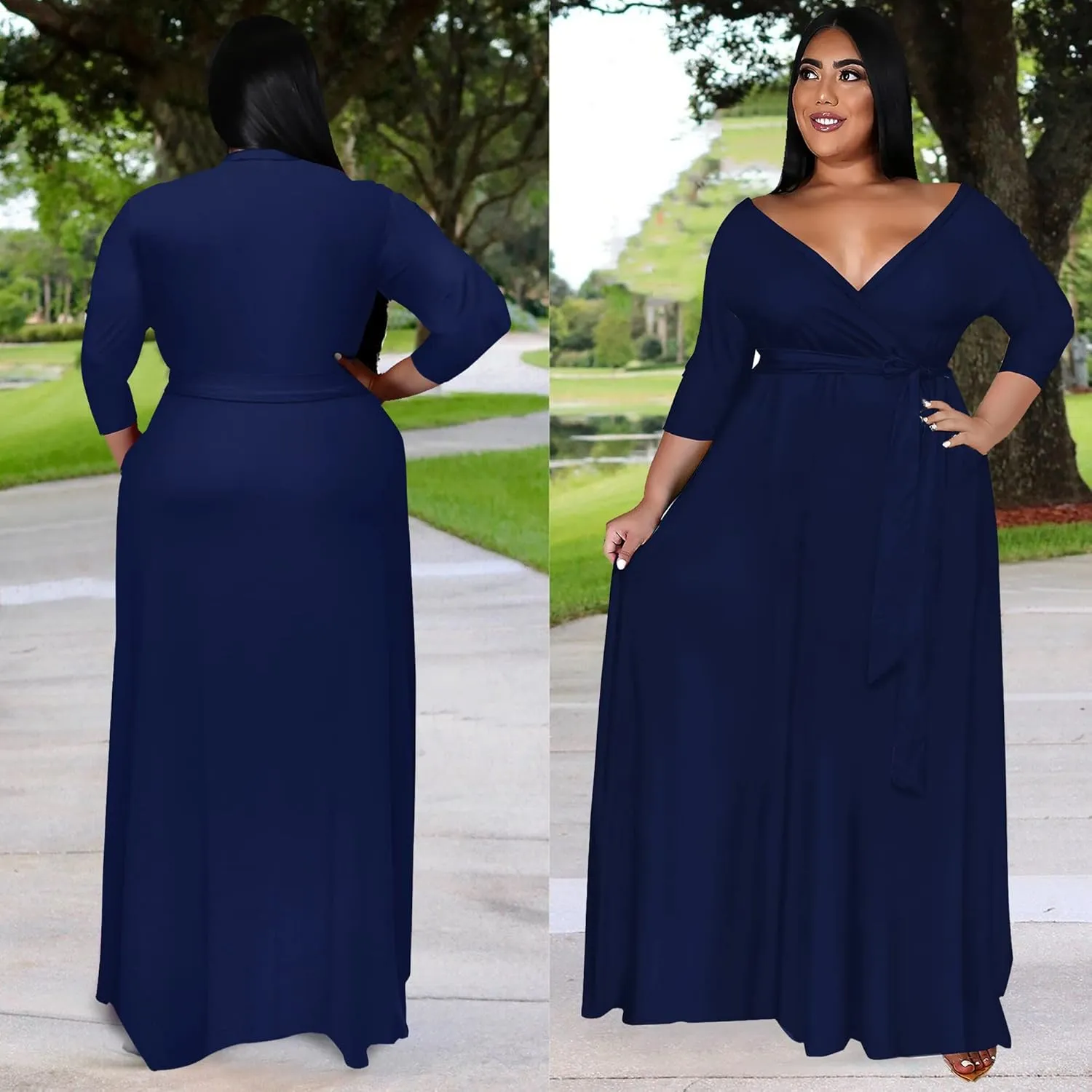 Nmoder Plus Size Maxi Dress for Women - Summer Casual 3/4 Sleeve Floral Flowy Long Dress with Belt XL- 6XL