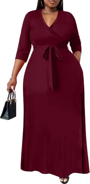 Nmoder Plus Size Maxi Dress for Women - Summer Casual 3/4 Sleeve Floral Flowy Long Dress with Belt XL- 6XL