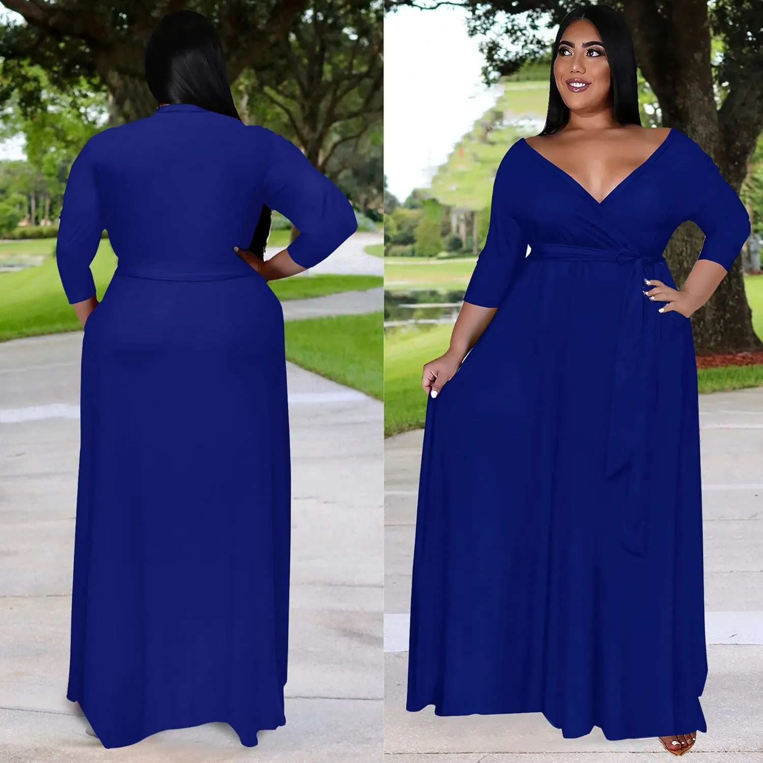 Nmoder Plus Size Maxi Dress for Women - Summer Casual 3/4 Sleeve Floral Flowy Long Dress with Belt XL- 6XL