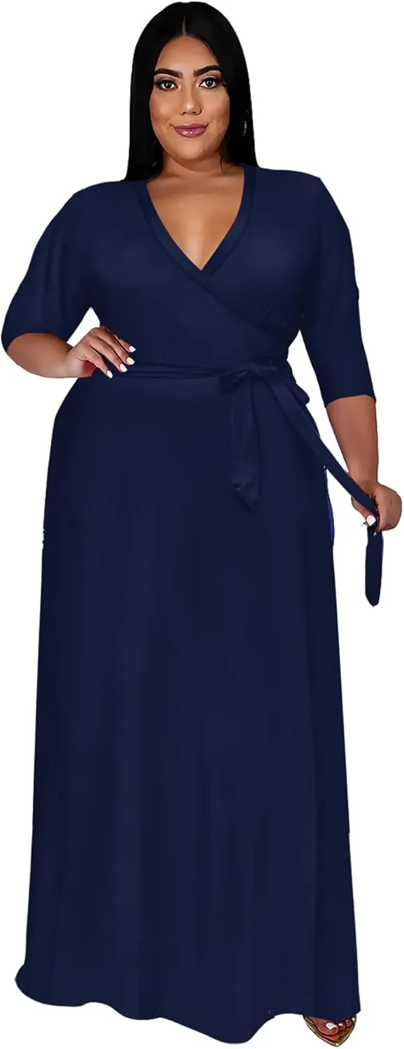 Nmoder Plus Size Maxi Dress for Women - Summer Casual 3/4 Sleeve Floral Flowy Long Dress with Belt XL- 6XL