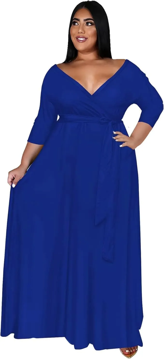 Nmoder Plus Size Maxi Dress for Women - Summer Casual 3/4 Sleeve Floral Flowy Long Dress with Belt XL- 6XL