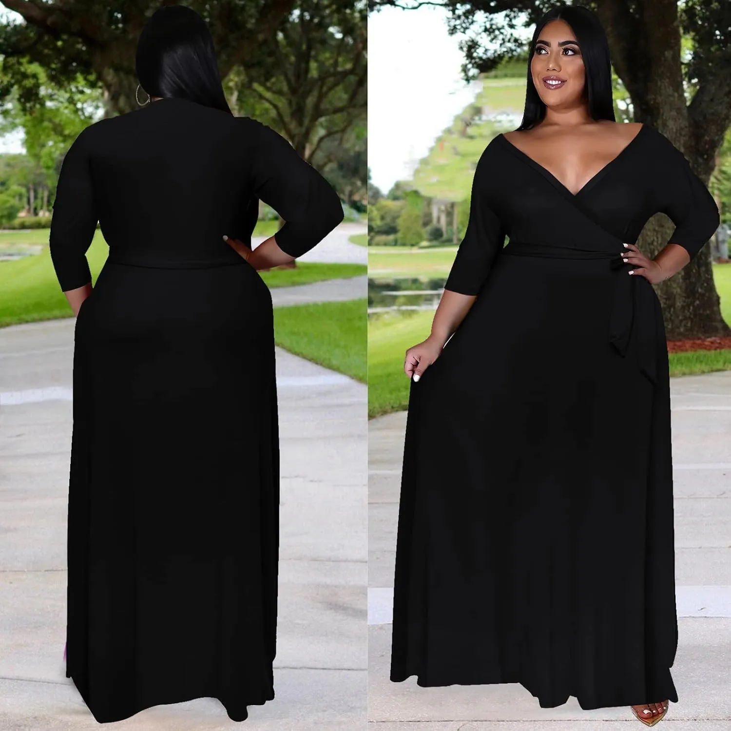 Nmoder Plus Size Maxi Dress for Women - Summer Casual 3/4 Sleeve Floral Flowy Long Dress with Belt XL- 6XL