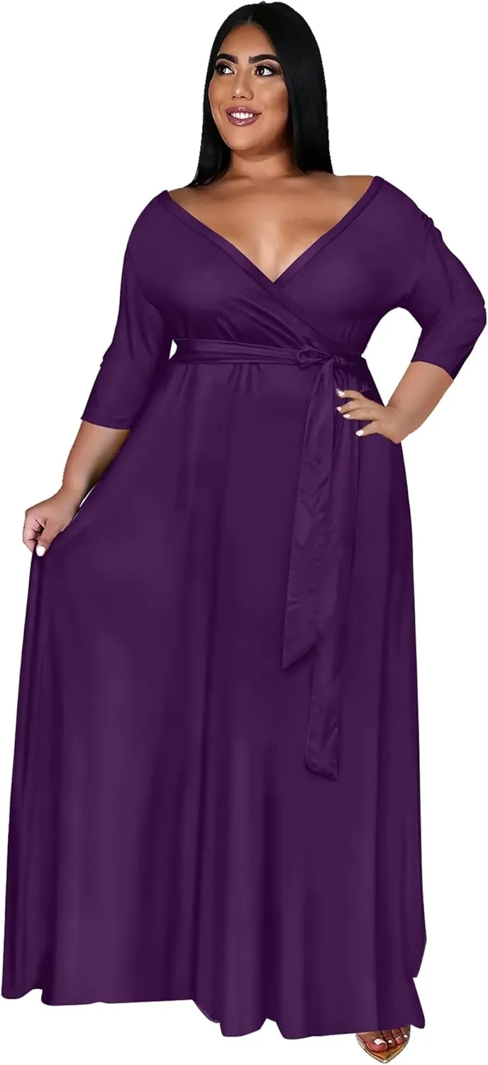 Nmoder Plus Size Maxi Dress for Women - Summer Casual 3/4 Sleeve Floral Flowy Long Dress with Belt XL- 6XL