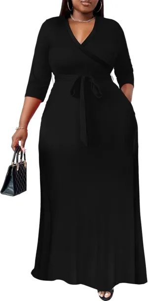 Nmoder Plus Size Maxi Dress for Women - Summer Casual 3/4 Sleeve Floral Flowy Long Dress with Belt XL- 6XL