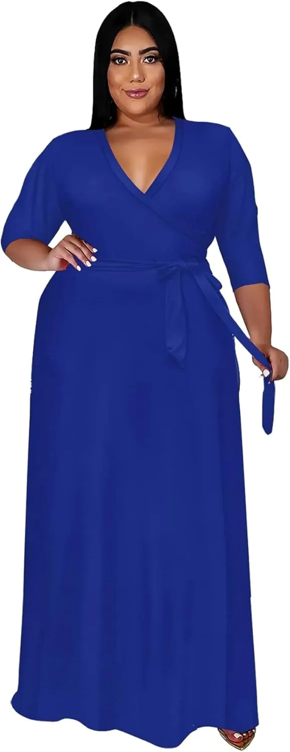 Nmoder Plus Size Maxi Dress for Women - Summer Casual 3/4 Sleeve Floral Flowy Long Dress with Belt XL- 6XL
