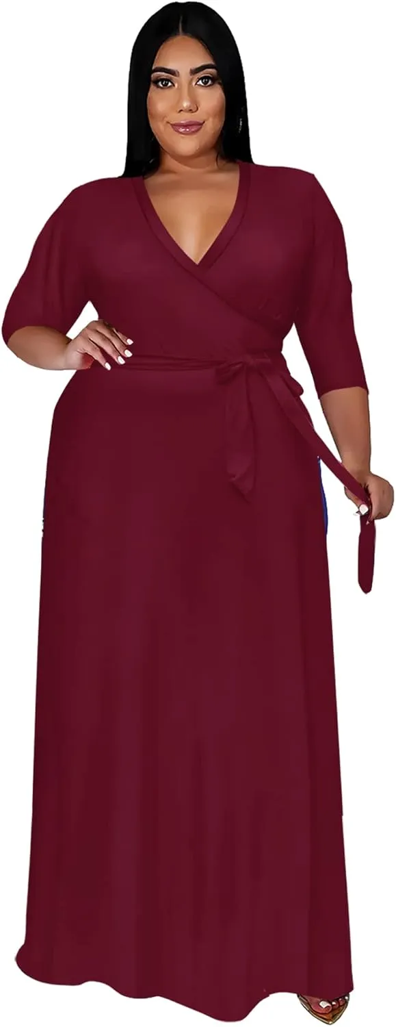 Nmoder Plus Size Maxi Dress for Women - Summer Casual 3/4 Sleeve Floral Flowy Long Dress with Belt XL- 6XL