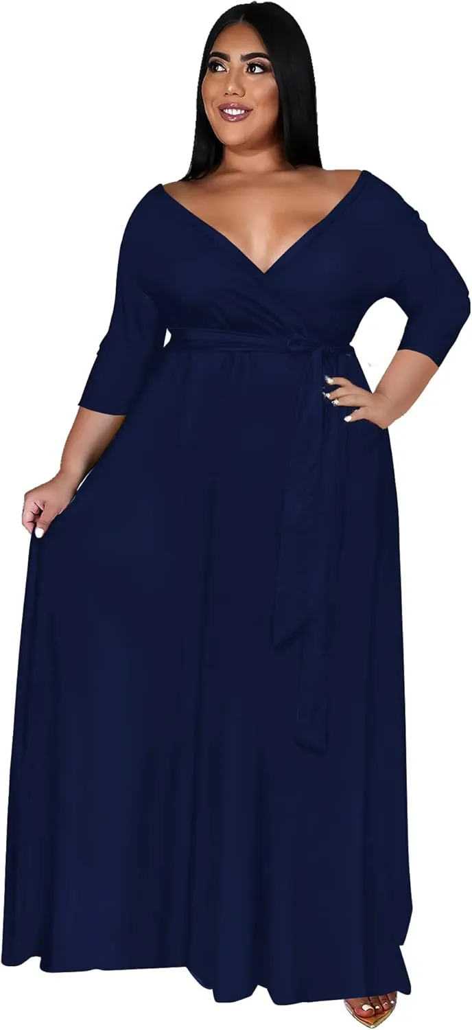 Nmoder Plus Size Maxi Dress for Women - Summer Casual 3/4 Sleeve Floral Flowy Long Dress with Belt XL- 6XL