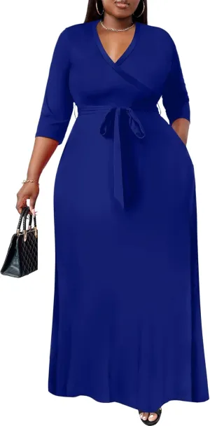 Nmoder Plus Size Maxi Dress for Women - Summer Casual 3/4 Sleeve Floral Flowy Long Dress with Belt XL- 6XL