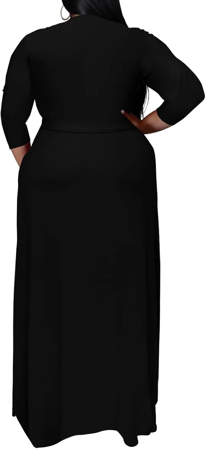 Nmoder Plus Size Maxi Dress for Women - Summer Casual 3/4 Sleeve Floral Flowy Long Dress with Belt XL- 6XL