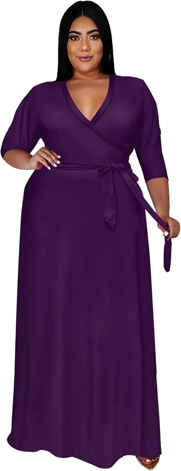 Nmoder Plus Size Maxi Dress for Women - Summer Casual 3/4 Sleeve Floral Flowy Long Dress with Belt XL- 6XL