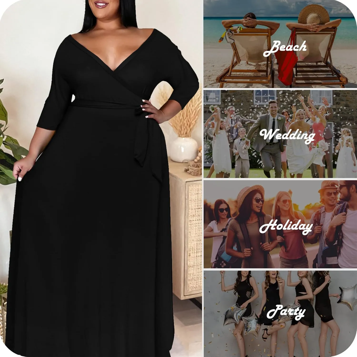 Nmoder Plus Size Maxi Dress for Women - Summer Casual 3/4 Sleeve Floral Flowy Long Dress with Belt XL- 6XL