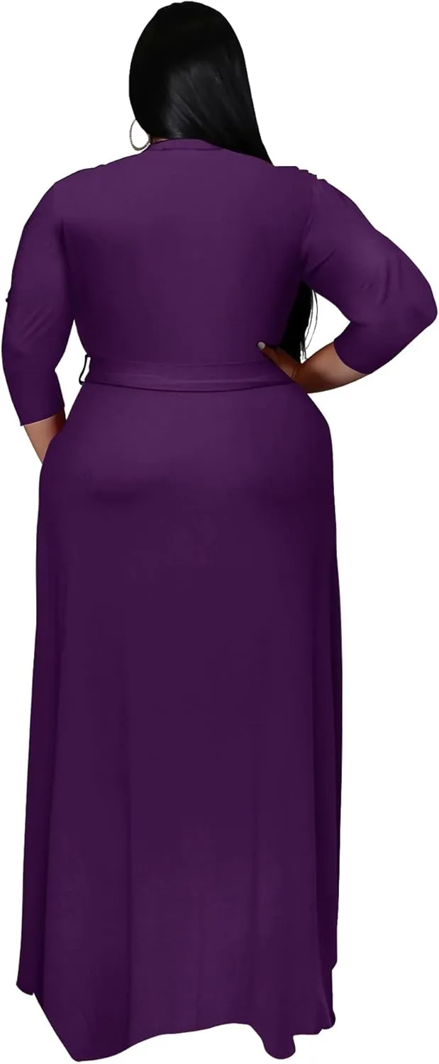 Nmoder Plus Size Maxi Dress for Women - Summer Casual 3/4 Sleeve Floral Flowy Long Dress with Belt XL- 6XL