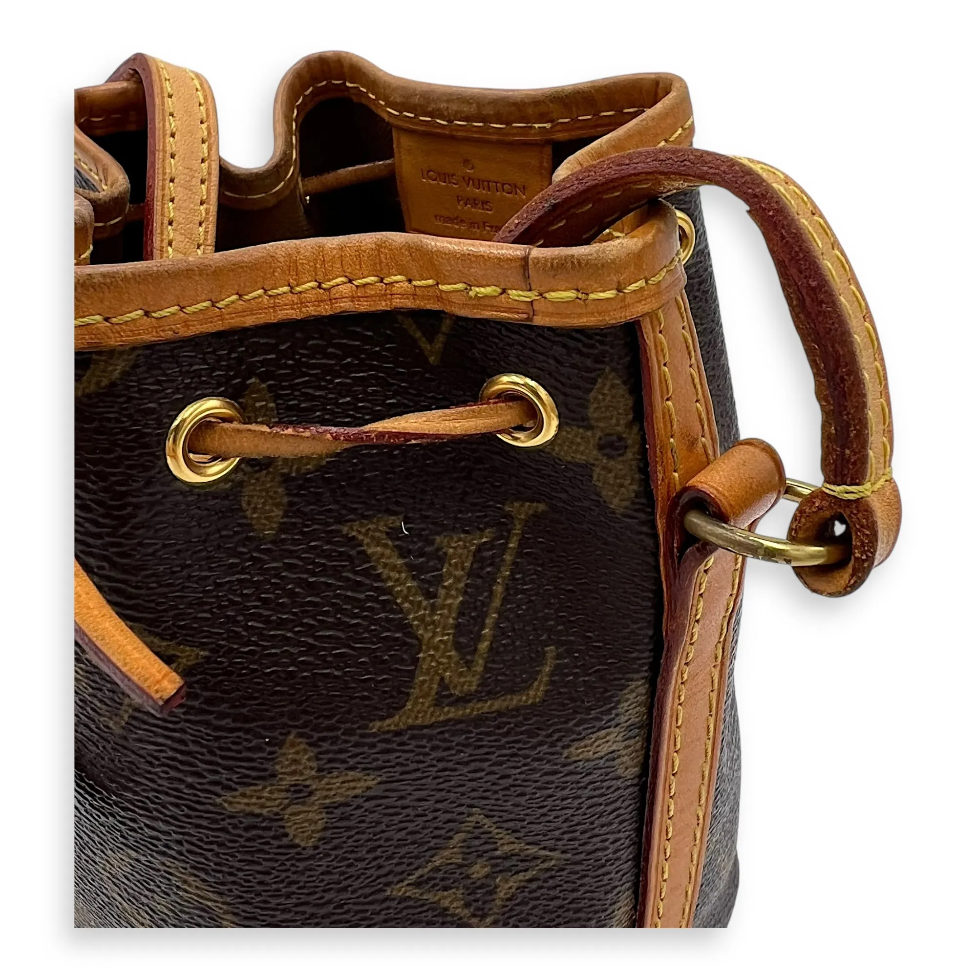 Noe Nano Brown Bucket Bag in Monogram Coated Canvas, Gold hardware