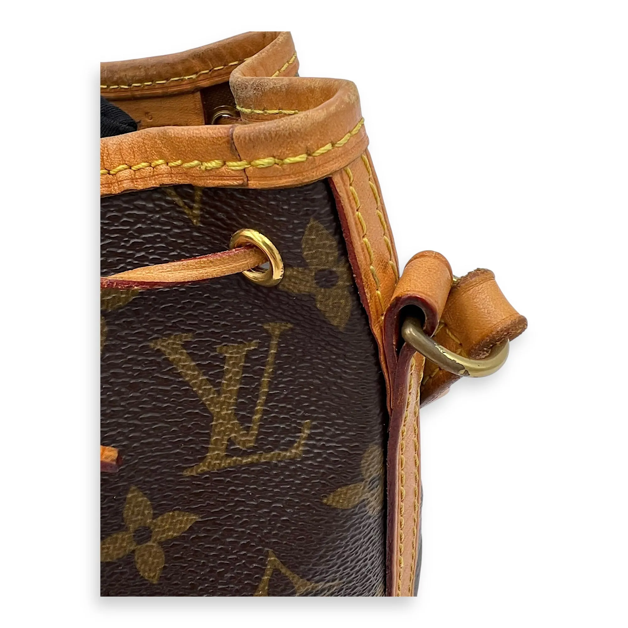 Noe Nano Brown Bucket Bag in Monogram Coated Canvas, Gold hardware