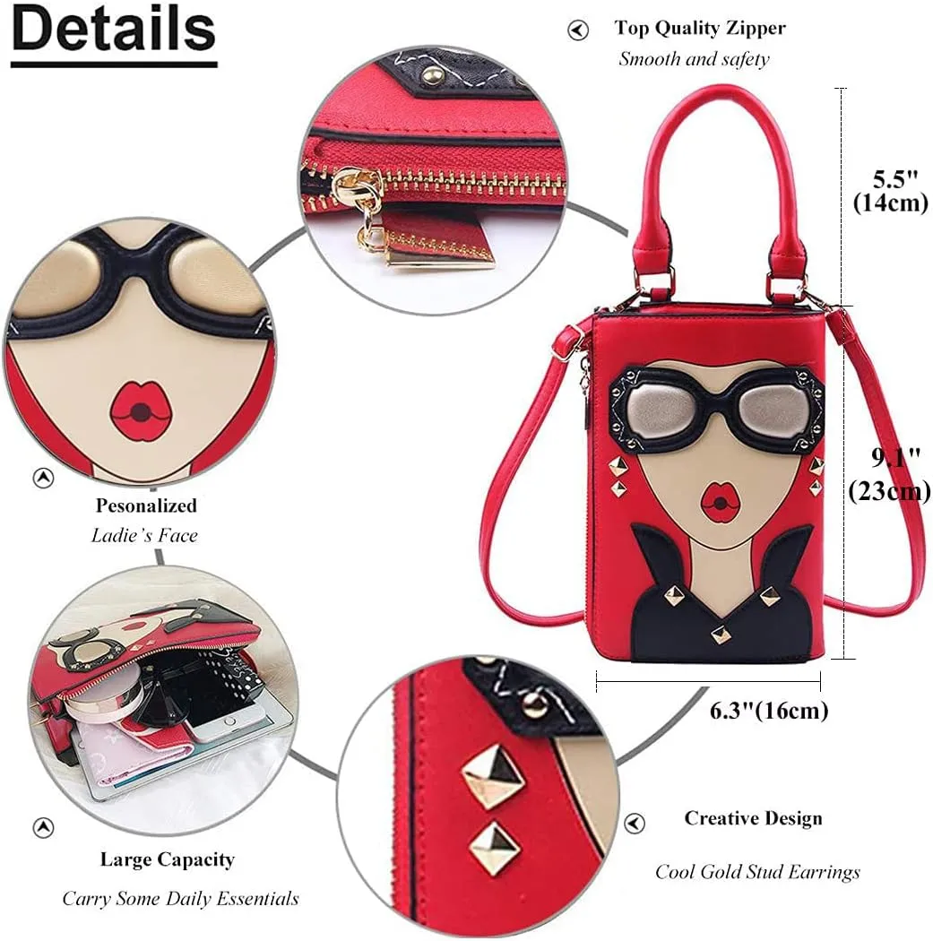 Novelty Unique 3D Lady Face PU Leather Top Handle Satchel Handbags for Women Funky Tote Purse Hobo Crossbody Shoulder bags