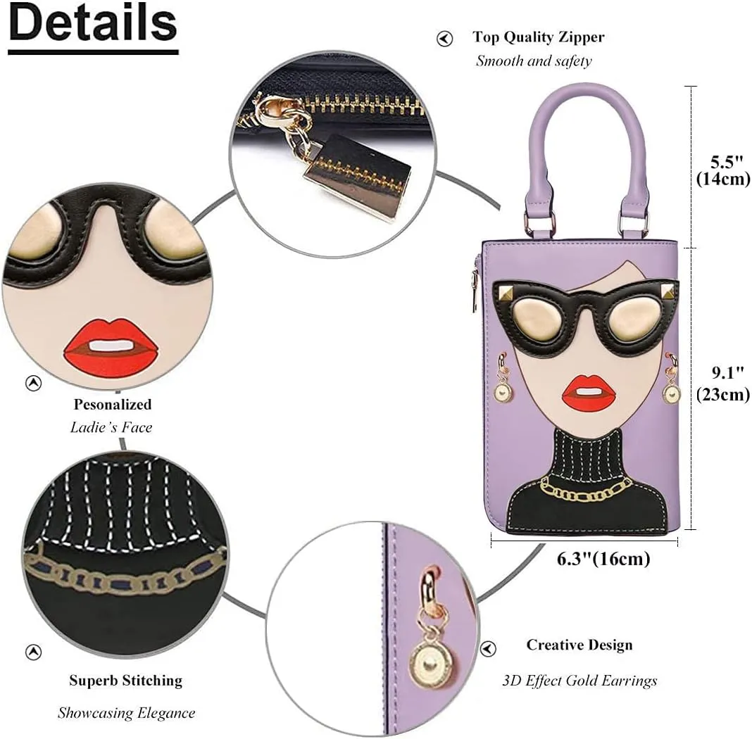 Novelty Unique 3D Lady Face PU Leather Top Handle Satchel Handbags for Women Funky Tote Purse Hobo Crossbody Shoulder bags